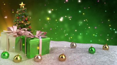 Yeşil Noel tema ile hediyeler, kar ve bokeh arka plan. Sorunsuz döngü. 3D render.