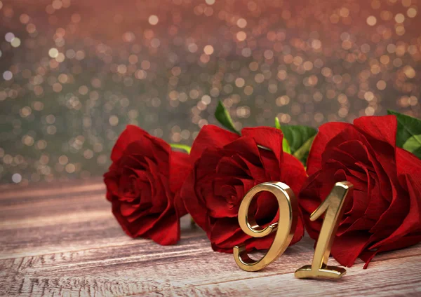 Conceito de aniversário com rosas vermelhas na mesa de madeira. Noventa e um. 91. Renderização 3D — Fotografia de Stock