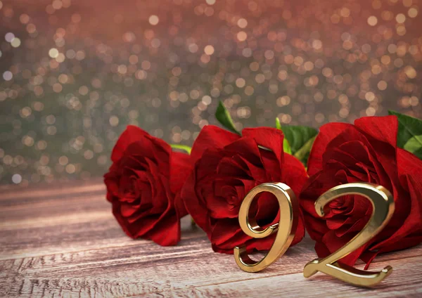 Concepto de cumpleaños con rosas rojas en escritorio de madera. noventa y dos. 92. Renderizado 3D —  Fotos de Stock