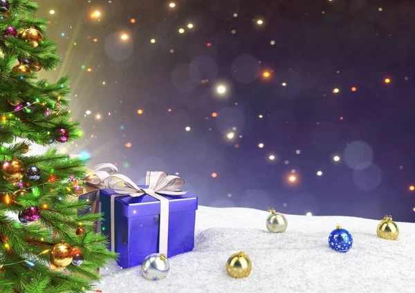 Kar mavi bokeh arka plan üzerinde Noel hediyeleri. 3D render. — Stok fotoğraf