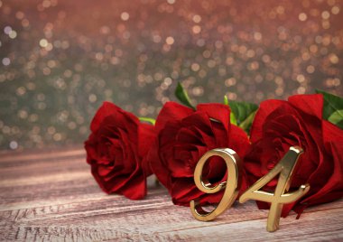 ahşap masa üzerinde kırmızı Güllü doğum günü kavramı. doksan-dördüncü. 94rd. 3d render