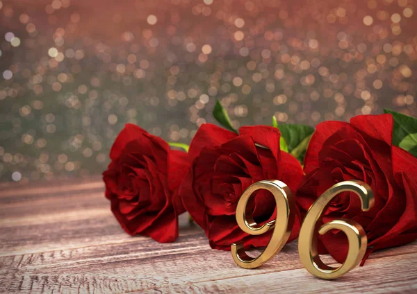 Conceito de aniversário com rosas vermelhas na mesa de madeira. nonagésimo sexto. 96th. Renderização 3D — Fotografia de Stock