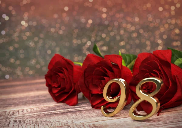 Concepto de cumpleaños con rosas rojas en escritorio de madera. Noventa y ocho. 98. Renderizado 3D —  Fotos de Stock