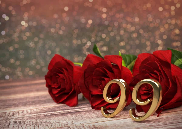 Concepto de cumpleaños con rosas rojas en escritorio de madera. Noventa y nueve. 99. Renderizado 3D —  Fotos de Stock