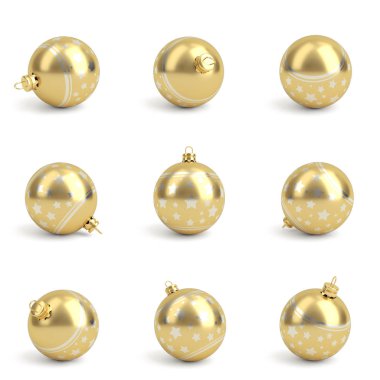 Altın Noel topları topluluğu. Beyaz izole. 3D render