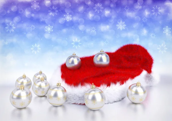 Christmas balls with santa red hat on bokeh background. 3D illustration — Stock Photo, Image