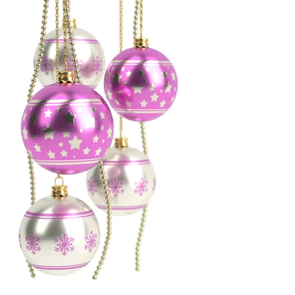 Глянцевые розовые рождественские лампочки изолированы на белом фоне. 3D рендеринг — стоковое фото