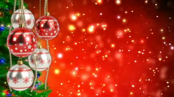 Červené a stříbrné vánoční koule s třpytkami bokeh pozadím. Bezešvá smyčka. 3D vykreslování — Stock video