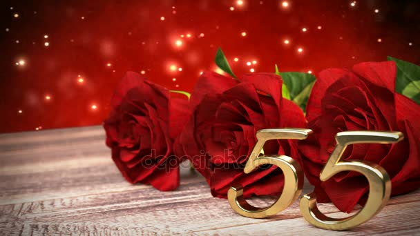 Fondo de cumpleaños lazo sin costuras con rosas rojas en escritorio de madera. quincuagésimo quinto cumpleaños. 55. Renderizado 3D — Vídeos de Stock