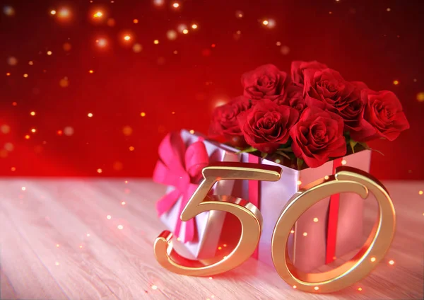 Conceito de aniversário com rosas vermelhas no presente na mesa de madeira. cinquenta anos. 50. Renderização 3D — Fotografia de Stock
