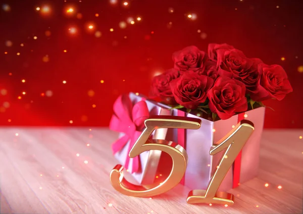 Concepto de cumpleaños con rosas rojas en regalo en escritorio de madera. Cincuenta y uno. 51. Renderizado 3D — Foto de Stock