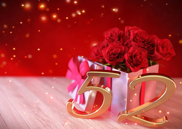 Birthday concept with red roses in gift on wooden desk. fifty-second. 52nd. 3D render — Stock Photo, Image