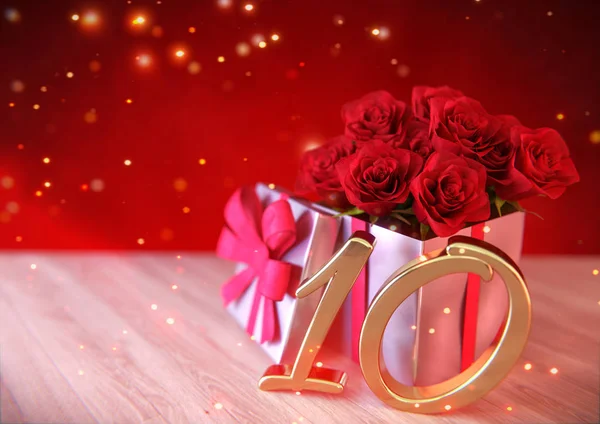 Conceito de aniversário com rosas vermelhas no presente na mesa de madeira. Décimo. 10th. Renderização 3D — Fotografia de Stock