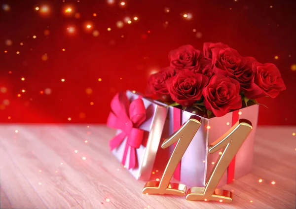 Concepto de cumpleaños con rosas rojas en regalo en escritorio de madera. undécimo. 11. Renderizado 3D —  Fotos de Stock