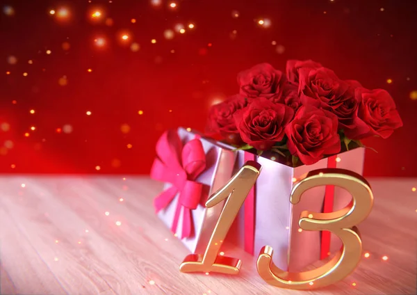 Conceito de aniversário com rosas vermelhas no presente na mesa de madeira. Décimo terceiro. 13. Renderização 3D — Fotografia de Stock