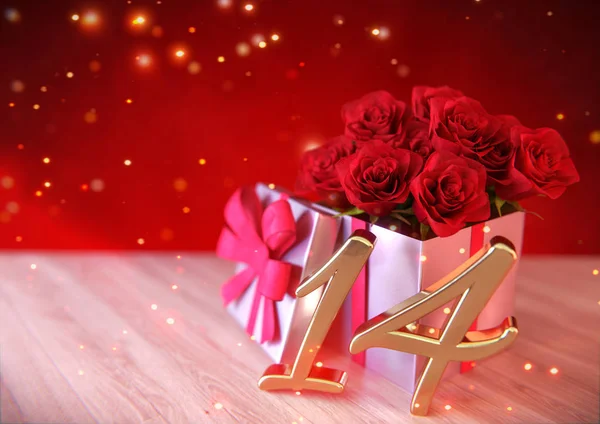 Concept d'anniversaire avec des roses rouges en cadeau sur bureau en bois. quatorzième. 14e. rendu 3D — Photo