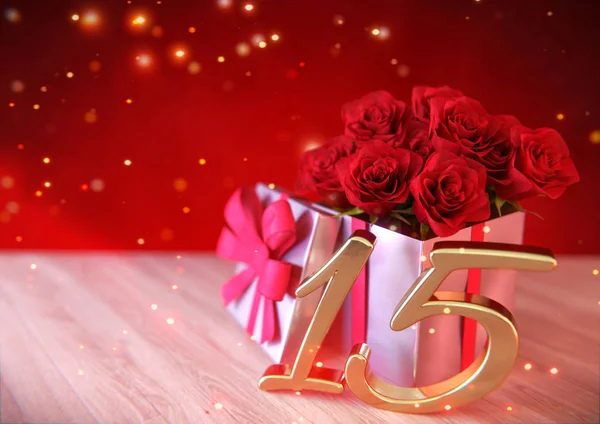 День рождения с красными розами в подарок на деревянном столе. Пятнадцатое. 15-е. 3D рендеринг — стоковое фото