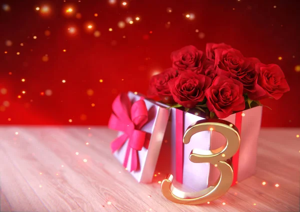 Concept d'anniversaire avec des roses rouges en cadeau sur bureau en bois. troisième. 3ème. rendu 3D — Photo