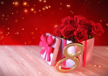 doğum günü hediye ahşap masa üzerinde kırmızı gül konseptiyle. 8. 8. 3d render