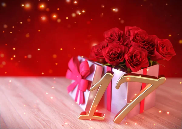 Geburtstagskonzept mit roten Rosen als Geschenk auf dem Holztisch. 17. 3D-Darstellung — Stockfoto