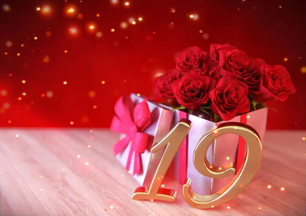 Geburtstagskonzept mit roten Rosen im Geschenk auf dem Holztisch. Neunzehn. 19. 3D-Darstellung — Stockfoto