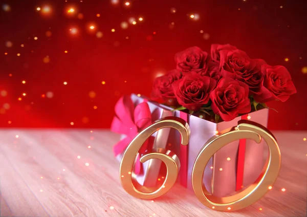 Conceito de aniversário com rosas vermelhas no presente na mesa de madeira. sexagésimo. 60. Renderização 3D — Fotografia de Stock