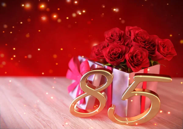 Conceito de aniversário com rosas vermelhas no presente na mesa de madeira. oitenta e cinco. Rua 85. Renderização 3D — Fotografia de Stock