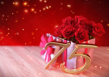doğum günü hediye ahşap masa üzerinde kırmızı gül konseptiyle. seventyfifth. 75. 3d render