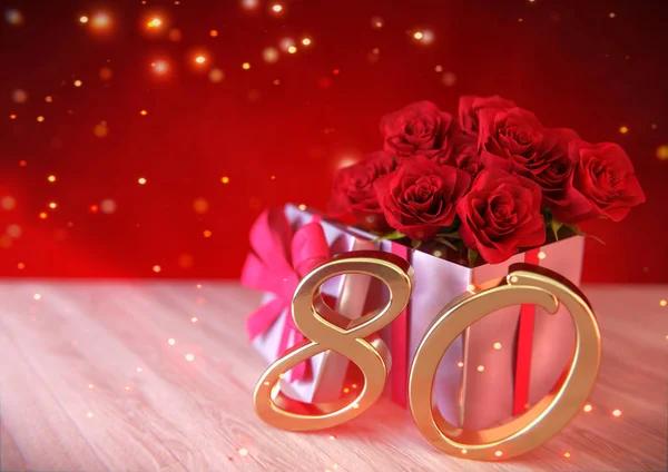 Conceito de aniversário com rosas vermelhas no presente na mesa de madeira. Oitenta. 80. Renderização 3D — Fotografia de Stock