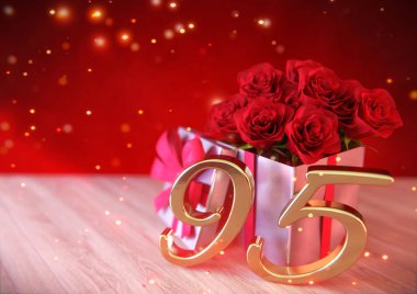 doğum günü hediye ahşap masa üzerinde kırmızı gül konseptiyle. ninetyfifth. 95th. 3d render