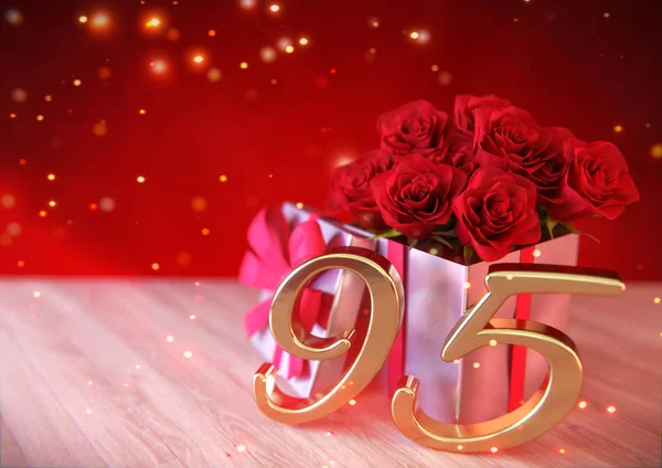 Conceito de aniversário com rosas vermelhas no presente na mesa de madeira. nonagésimo quinto. 95 anos. Renderização 3D — Fotografia de Stock