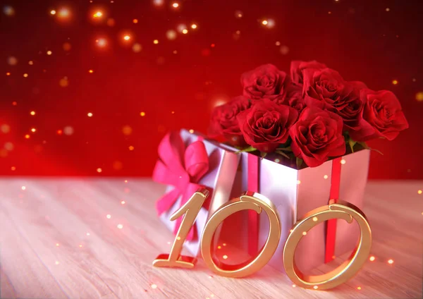 Conceito de aniversário com rosas vermelhas no presente na mesa de madeira. centésimo. 100. Renderização 3D — Fotografia de Stock