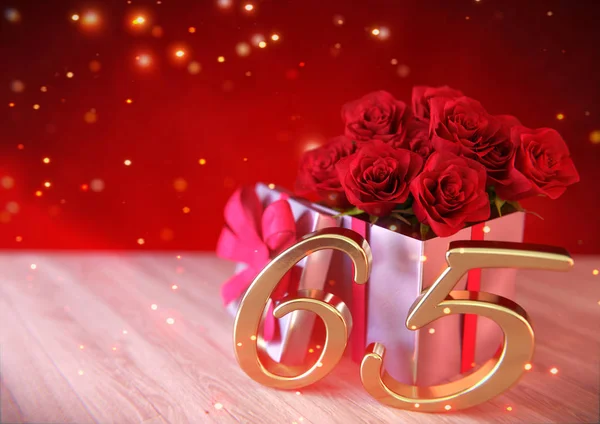 Concepto de cumpleaños con rosas rojas en regalo en escritorio de madera. Sesenta y cinco. 65. Renderizado 3D —  Fotos de Stock