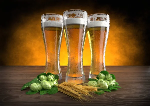 Três copos de cerveja com cevada e lúpulo. Renderização 3D — Fotografia de Stock