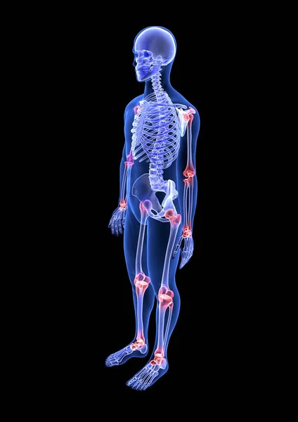 Dolor articular. Blue Human Anatomy Body y Skeleton 3D Scan renderizado sobre fondo negro — Foto de Stock