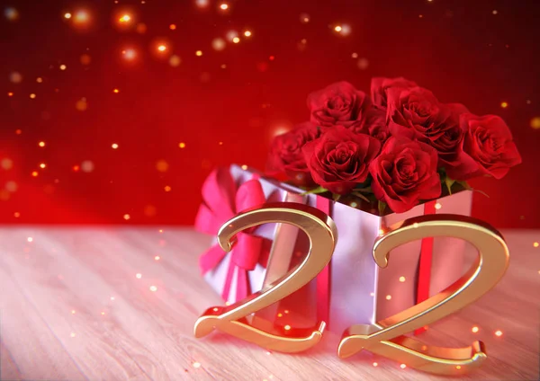 Birthday concept with red roses in the gift on wooden desk. twenty-second. 22nd. 3D render — Stock Photo, Image