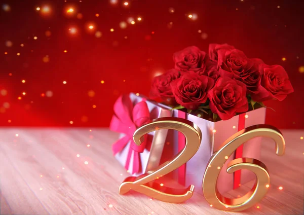 生日概念与红色玫瑰在木桌上的礼物。二十六。26.3d 渲染 — 图库照片