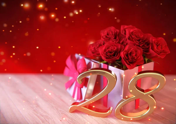 Concept d'anniversaire avec des roses rouges dans le cadeau sur un bureau en bois. 28e. 28e. rendu 3D — Photo