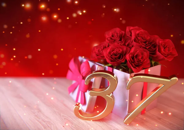 生日概念与红色玫瑰在木桌上的礼物。第三十七。37.3d 渲染 — 图库照片