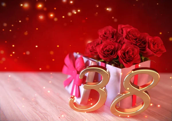 Geburtstagskonzept mit roten Rosen im Geschenk auf dem Holztisch. Achtunddreißig. 38. 3D-Darstellung — Stockfoto