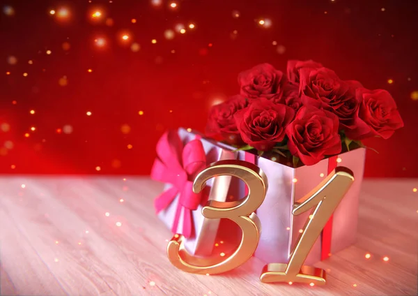 Birthday concept with red roses in the gift on wooden desk. thirty-first . 31st. 3D render — Stock Photo, Image