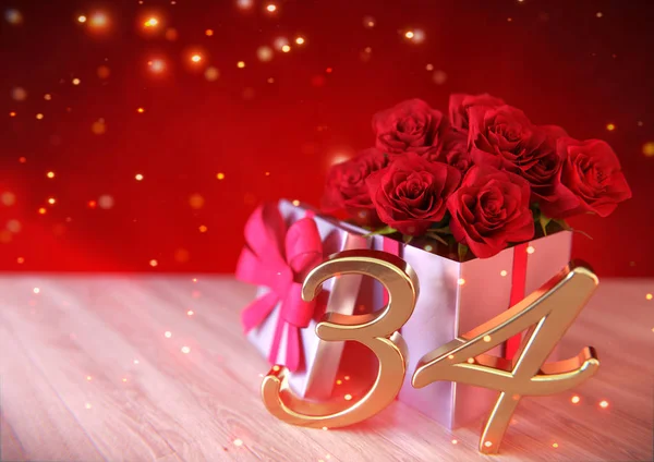 Concepto de cumpleaños con rosas rojas en el regalo en el escritorio de madera. Treinta y cuatro. 34º. Renderizado 3D —  Fotos de Stock