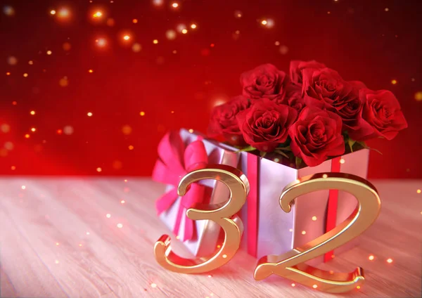 День рождения с красными розами в подарок на деревянном столе. 30 секунд. 32-й. 3D рендеринг — стоковое фото
