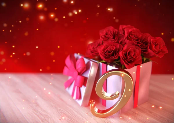 Концепція дня народження з червоними трояндами в подарунок на дерев'яному столі. Дев'ятнадцять. 9-й. 3D візуалізація — стокове фото