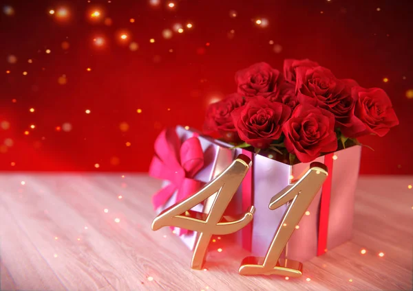 Concetto di compleanno con rose rosse nel regalo sulla scrivania di legno. Quarantunesimo. 41. Rendering 3D — Foto Stock