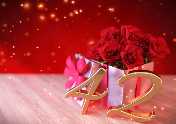 Geburtstagskonzept mit roten Rosen im Geschenk auf dem Holztisch. 42. 3D-Darstellung — Stockfoto