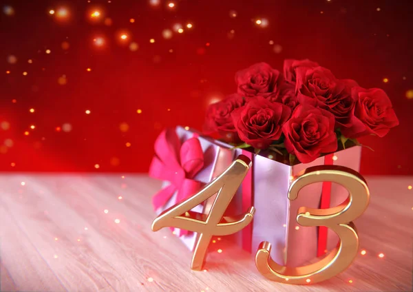 誕生日ギフト木製机の上で赤いバラのコンセプト。40-3。43 3 d のレンダリング。 — ストック写真