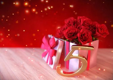 doğum günü hediye ahşap masa üzerinde kırmızı gül konseptiyle. Beşinci. 5. 3d render