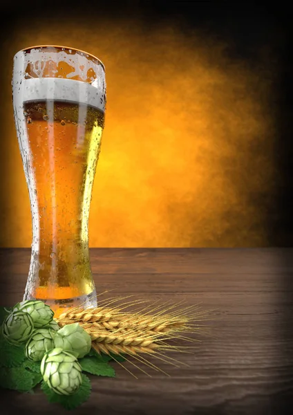 Glas Bier mit Gerste und Hopfen - 3D-Render — Stockfoto