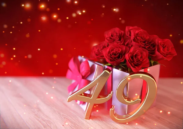 나무 책상에 선물에 빨간 장미 생일 개념. 40-아홉입니다. 49. 3d 렌더링 — 스톡 사진
